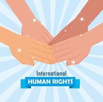 cartel de letras internacionales de derechos humanos con unidad de manos interraciales vector