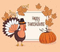 happy thanksgiving celebration lettering card with turkey pumpkin fruit vector