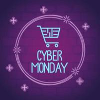 Cyber Monday letras de neón con carrito de compras en marco circular vector