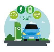 Alternativa de ecología de coche eléctrico azul en la estación de carga vector