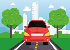 red car vehicle traveling in the road vector