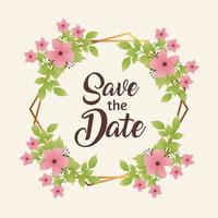 wedding invitation with save the date lettering and flowers pink in circular frame vector