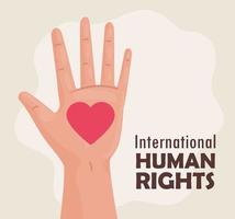 cartel de letras internacionales de derechos humanos con mano y corazón vector