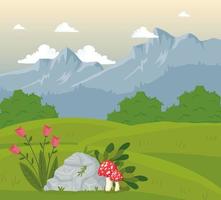 field camp landscape scene with flowers and fungus vector