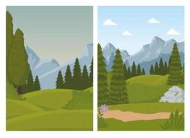 two landscapes scenes with pines forest vector
