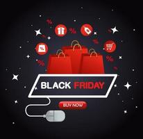 black friday buy now with bags and mouse vector design