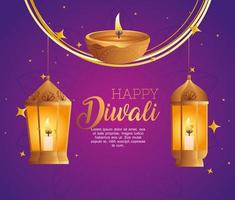 feliz diwali diya vela y linternas diseño vectorial vector