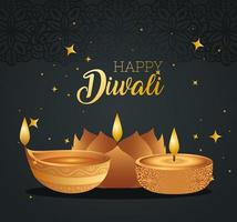 Happy diwali with diya candles with stars vector design