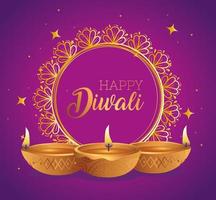 Happy diwali diya candles in front of circle ornament vector design