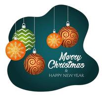 feliz navidad tarjeta de letras con bolas decorativas colgando vector