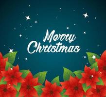 happy merry christmas lettering card with flowers garden vector