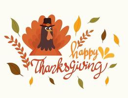 happy thanksgiving celebration lettering card with turkey and leafs vector