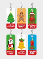 six happy merry christmas tags hanging vector