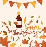 happy thanksgiving celebration lettering card with wine bottle and garlands vector