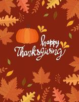 happy thanksgiving celebration lettering card with pumpkin and leafs vector