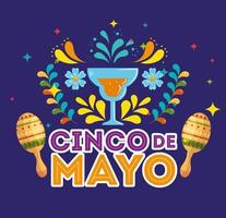 cinco de mayo poster with cocktail and decoration vector