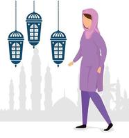 woman muslim walking with lanterns hanging vector