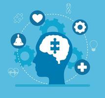 mental health of puzzle on brain in head and icon set vector design