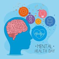 mental health day with brain in head and icon set vector design