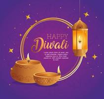 feliz diwali diya velas y diseño de vector de linterna