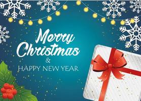 happy merry christmas lettering card with gift and snowflakes vector
