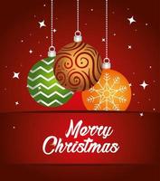 happy merry christmas lettering card with balls hangin in red background vector