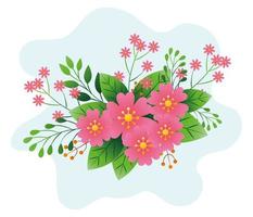 decoration of flowers pink color with branches and leafs vector