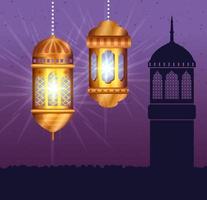 ramadan kareem poster with lanterns hanging vector
