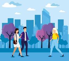 urban scene with young people walking vector