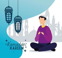 ramadan kareem poster with lanterns hanging and muslim man vector