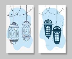 set poster of ramadan kareem with lanterns hanging vector