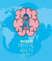 world mental health day with ribbon on brain vector design