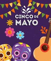 cartel del cinco de mayo con calaveras y guitarra vector