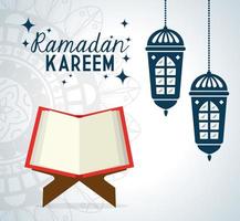 ramadan kareem poster with lanterns hanging and koran vector