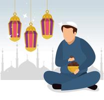 ramadan kareem poster with lanterns hanging and muslim man vector