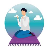 man muslim sitting in carpet with sky landscape vector