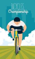 Cartel del campeonato de bicicletas con hombre en bicicleta. vector