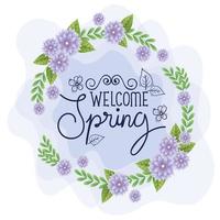 welcome spring with frame of flowers and leafs vector