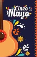 cinco de mayo poster with guitar and decoration vector