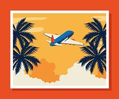 travel poster with airplane flying and tree palms vector