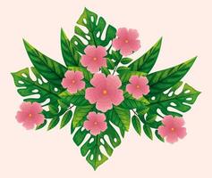 lindas flores de color rosa con hojas tropicales naturales vector