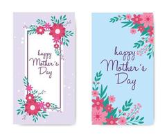 Conjunto de tarjetas de feliz día de la madre con decoración de flores y hojas. vector