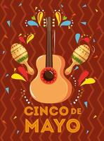 cinco de mayo poster with guitar and decoration vector