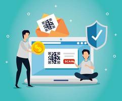 code qr in laptop with businessmen and icons vector