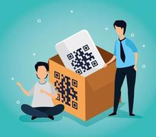 Código qr en caja con empresarios e iconos. vector