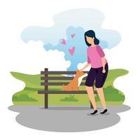 woman with dog in park wooden chair vector
