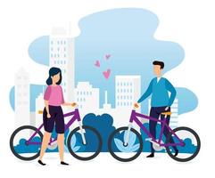 Escena urbana de edificios con pareja en bicicletas. vector