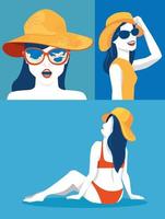 cartel de conjunto de mujeres con sombreros de verano vector