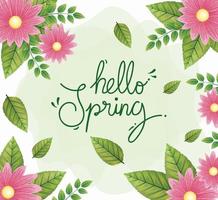 hello spring with frame of flowers and leafs vector