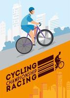 Cartel de carreras de campeonato de ciclismo con hombre en bicicleta. vector